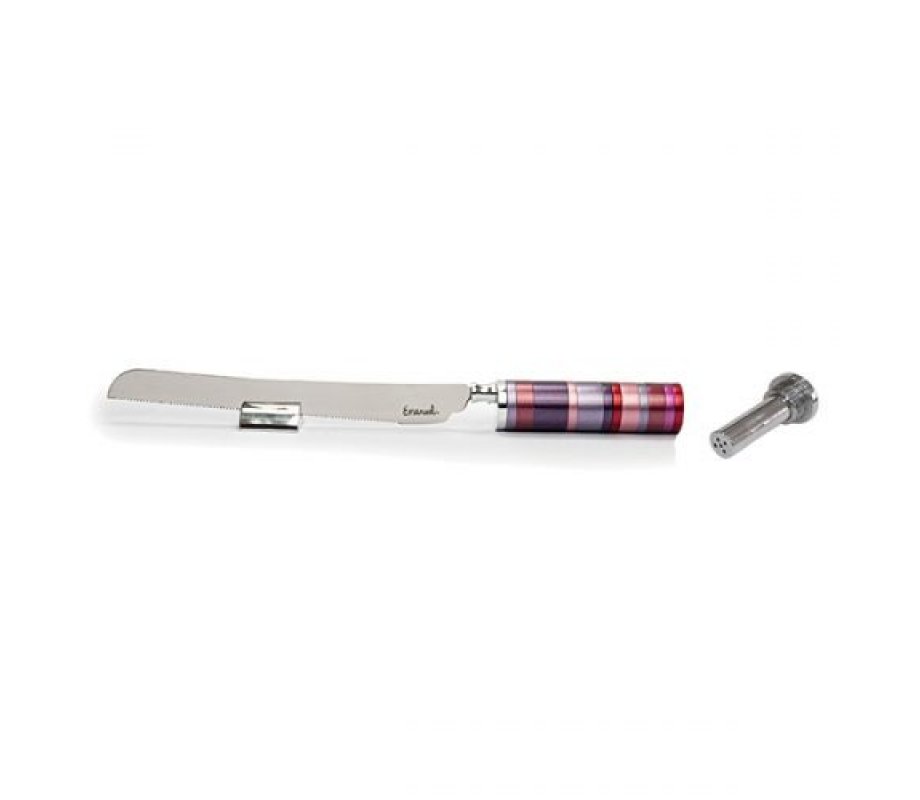 Yair Emanuel Challah Knife with Mini Salt Shaker and Stand - Maroon Shades Bands