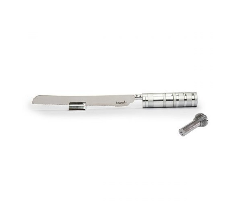 Yair Emanuel Challah Knife with Mini Salt Shaker and Stand - Silver Handle