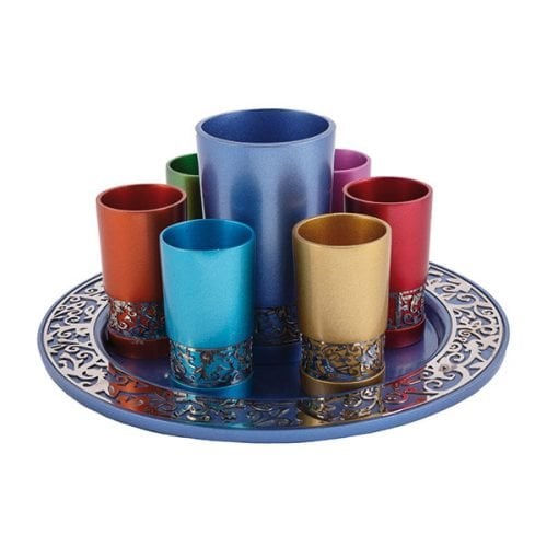 Yair Emanuel Colored Kiddush Cup and Small Cups with Tray - Cutout Pomegranates