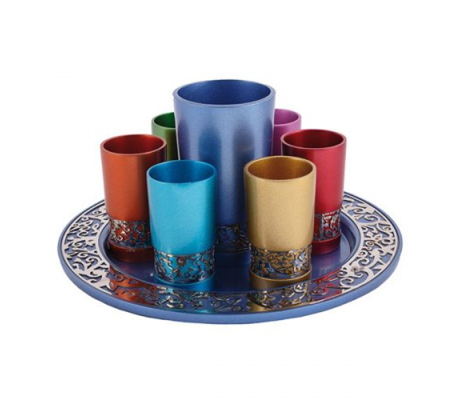 Yair Emanuel Colored Kiddush Cup and Small Cups with Tray - Cutout Pomegranates