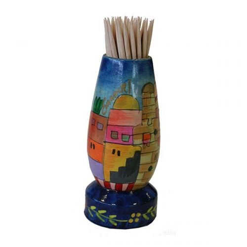 Yair Emanuel Colorful Wood Toothpick Stand with Hand Painted Jerusalem Images