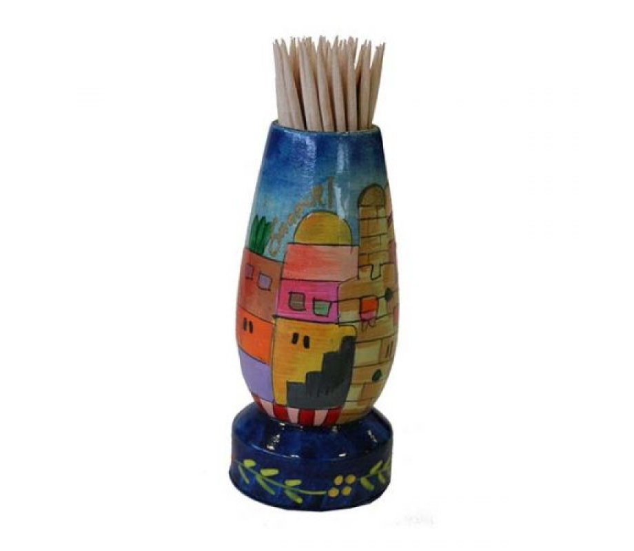 Yair Emanuel Colorful Wood Toothpick Stand with Hand Painted Jerusalem Images