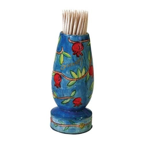 Yair Emanuel Colorful Wood Toothpick Stand with Hand Painted Leafy Pomegranates