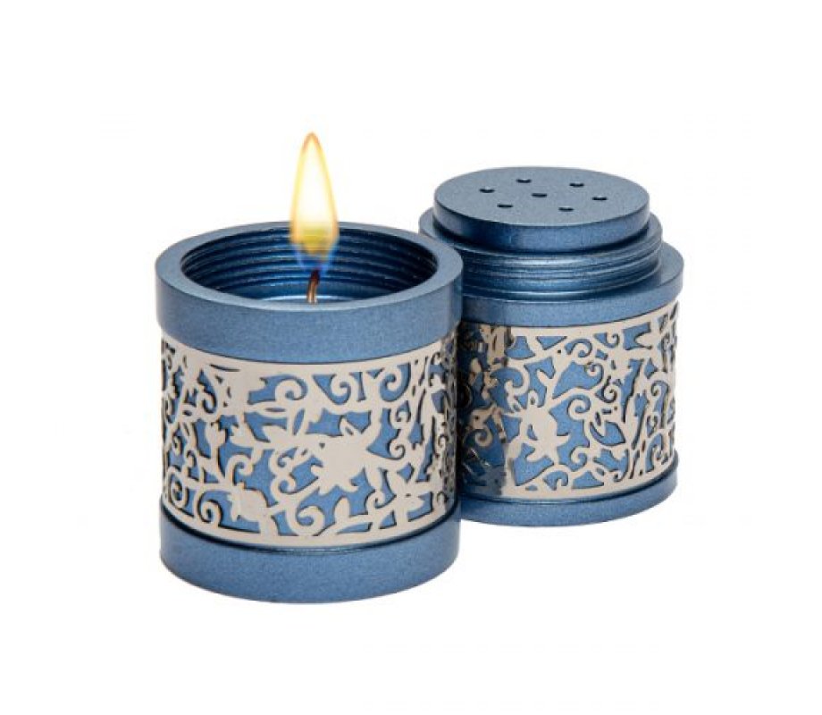 Yair Emanuel Compact Havdalah Spice Box & Candle Holder, Cutout Design - Blue