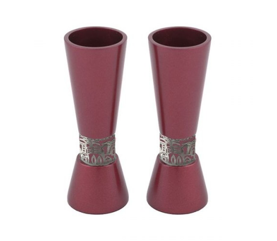 Yair Emanuel Cone Shaped Candlesticks with Silver Jerusalem Band - Maroon