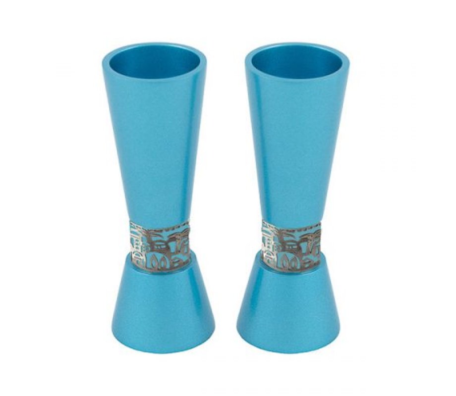 Yair Emanuel Cone Shaped Candlesticks with Silver Jerusalem Band - Turquoise