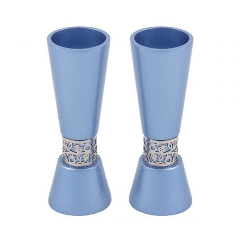 Yair Emanuel Cone Shaped Candlesticks with Silver Pomegranate Band - Blue