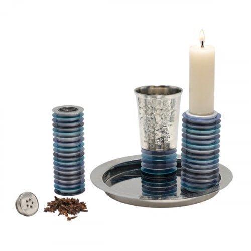 Yair Emanuel Contemporary 4-Piece Havdalah Set, Stacked Discs - Blue
