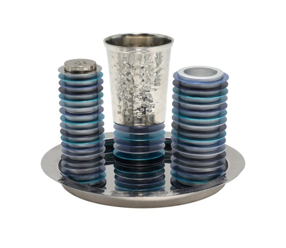 Yair Emanuel Contemporary 4-Piece Havdalah Set, Stacked Discs - Blue