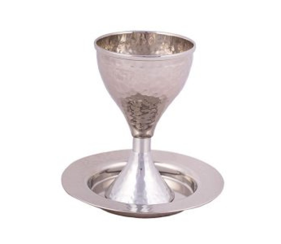 Yair Emanuel Contemporary Hammered Metal Kiddush Cup Set – Silver Band