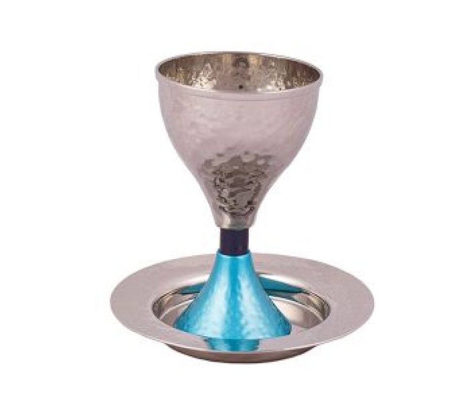 Yair Emanuel Contemporary Hammered Metal Kiddush Cup Set - Turquoise Band