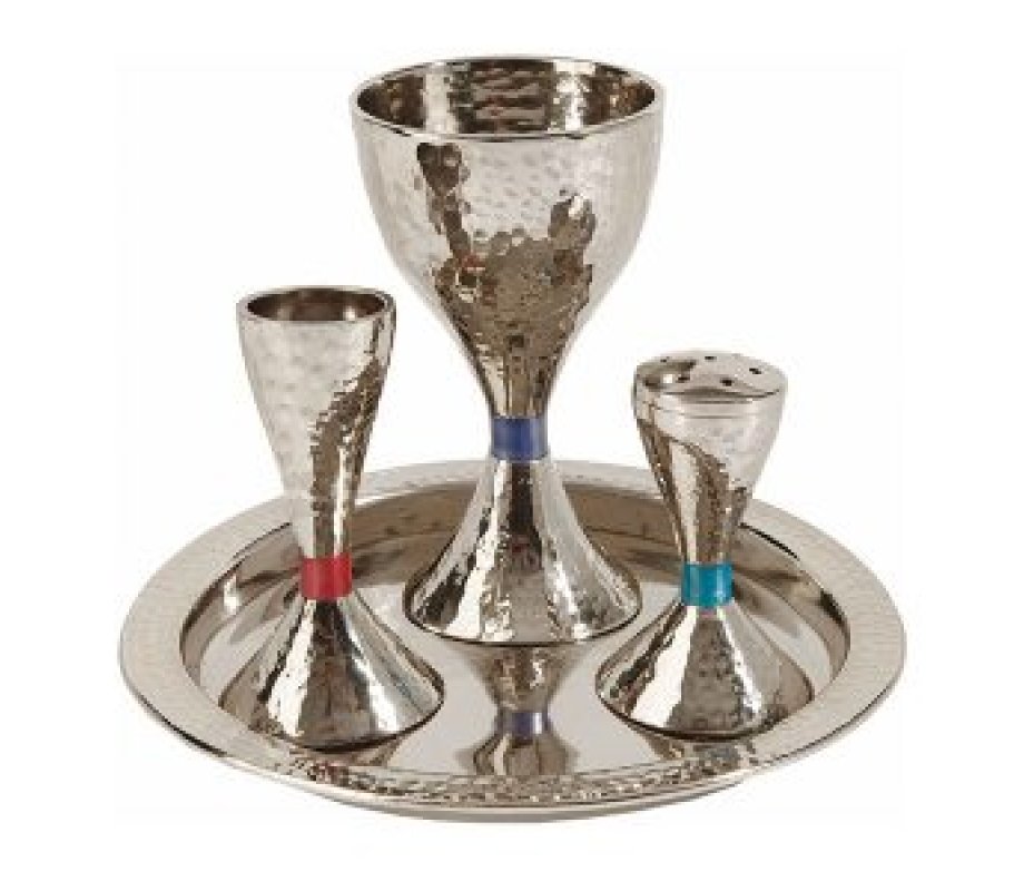 Yair Emanuel Contemporary Style Havdalah Set, Hammered Nickel - Colored Bands