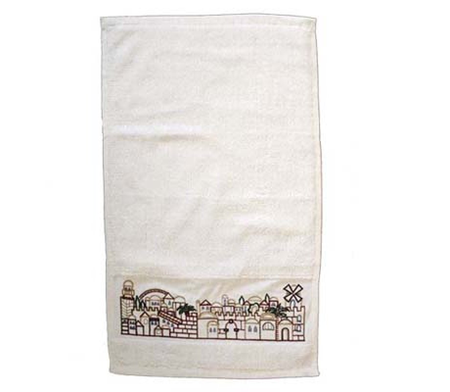 Yair Emanuel Cotton Netilat Yadayim Hand Towel - Embroidered Jerusalem Images