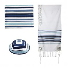 Yair Emanuel Cotton Tallit Set with Applique - Shades of Blue Stripes and Flowers