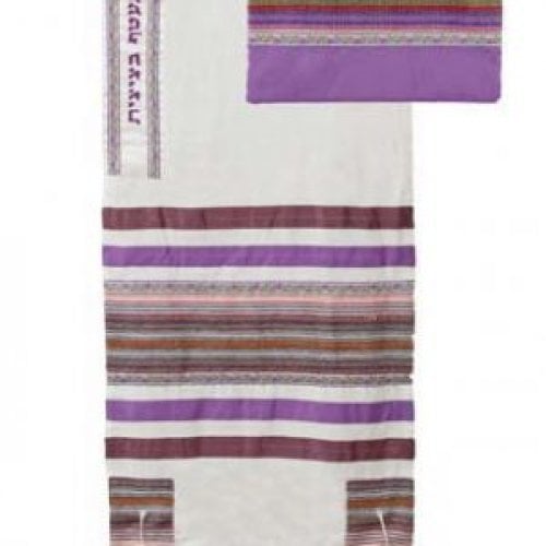 Yair Emanuel Cotton Tallit Set with Appliques - Purple Stripes