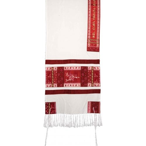 Yair Emanuel Cotton and Embroidered Silk Tallit Set, Pomegranates - Red