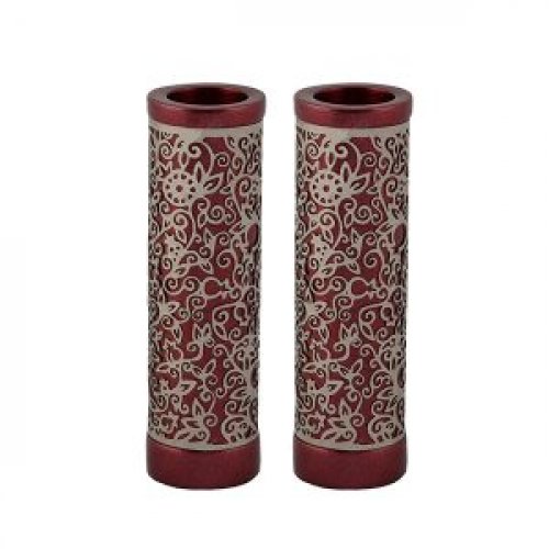 Yair Emanuel Cylinder Candlesticks, Floral Pomegranate Overlay - Maroon