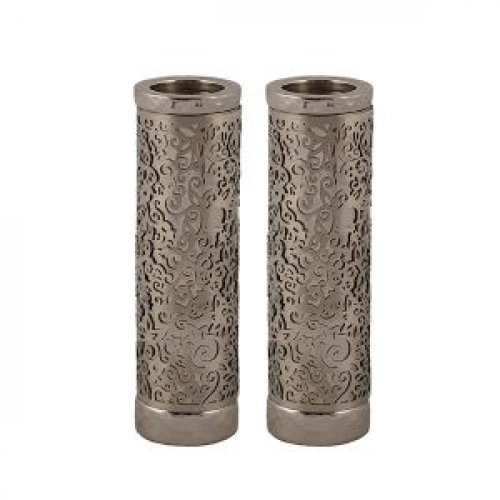 Yair Emanuel Cylinder Candlesticks, Floral Pomegranate Overlay - Silver