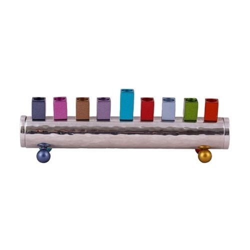 Yair Emanuel Cylinder Chanukah Menorah, Hammered Aluminum - Multicolor