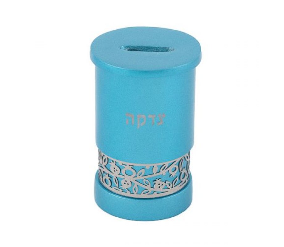 Yair Emanuel Cylinder Charity Tzedakah Box, Cutout Pomegranates - Turquoise