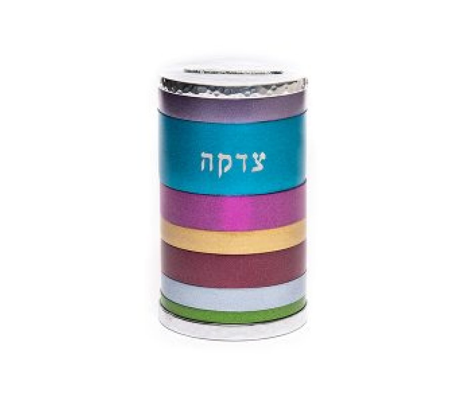 Yair Emanuel Cylinder Charity Tzedakah Box, Horizontal Bands - Colorful