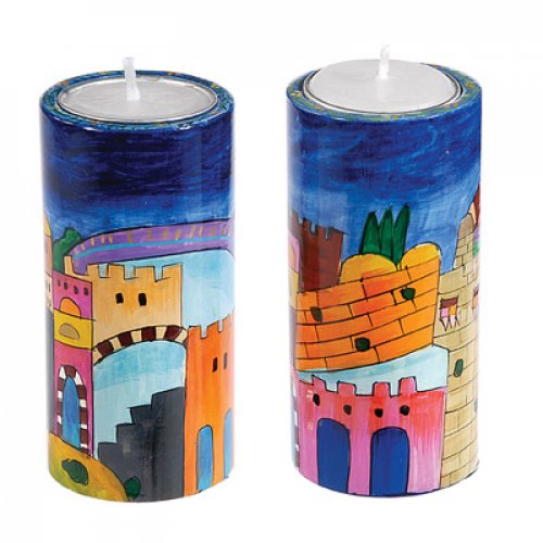 Yair Emanuel Cylinder Hand Painted Wood Shabbat Candlesticks - Jerusalem Images