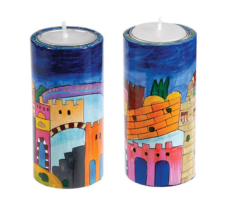 Yair Emanuel Cylinder Hand Painted Wood Shabbat Candlesticks - Jerusalem Images