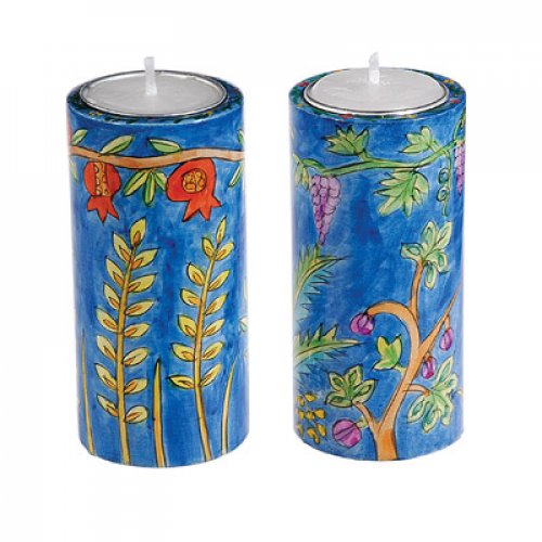 Yair Emanuel Cylinder Hand Painted Wood Shabbat Candlesticks - Seven Species