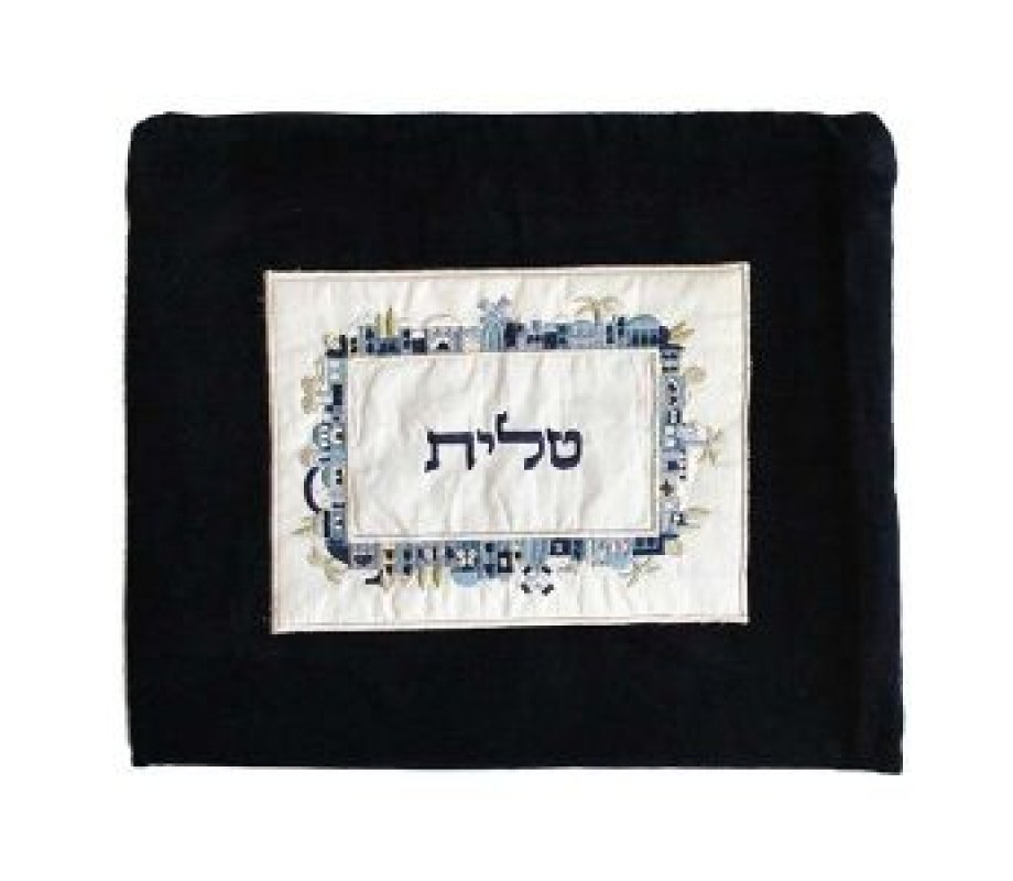 Yair Emanuel Dark Velvet Tallit & Tefillin Bag, Silk Applique - Blue Jerusalem