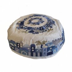 Yair Emanuel Embroidered Bucharian Hat-Kippah - Blue Jerusalem on White