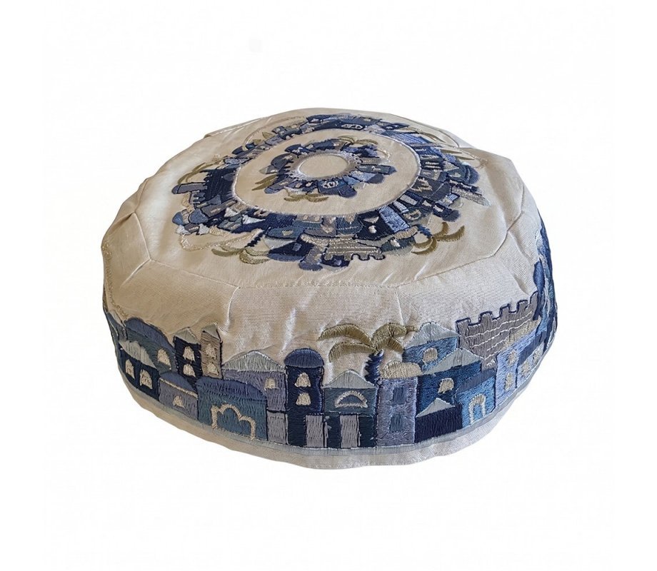 Yair Emanuel Embroidered Bucharian Hat-Kippah - Blue Jerusalem on White