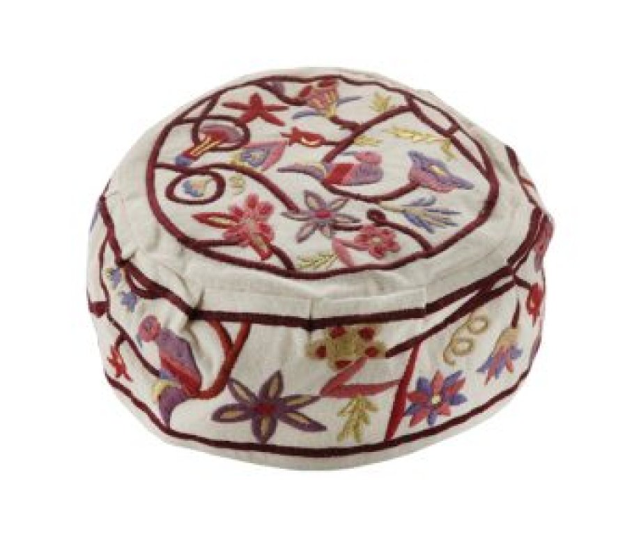 Yair Emanuel Embroidered Bucharian Hat-Kippah - Colored Flowers and Birds on Cream