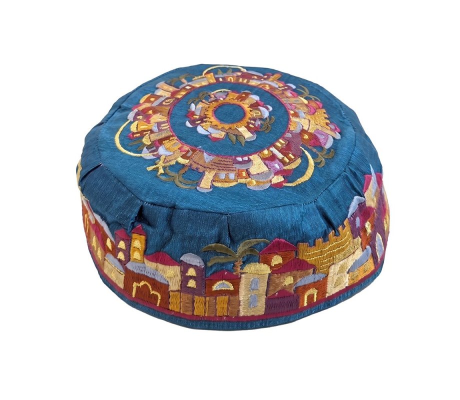 Yair Emanuel Embroidered Bucharian Hat-Kippah - Colorful Jerusalem on Blue