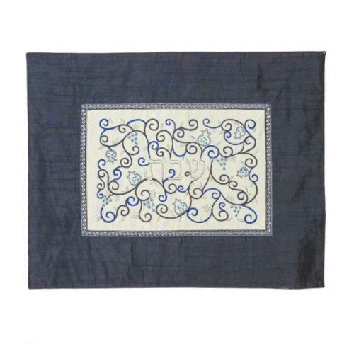 Yair Emanuel Embroidered Challah Cover, Swirling Pomegranates - Blue on Blue