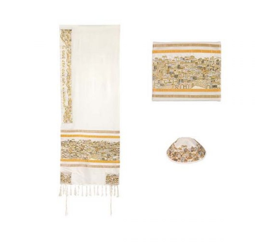 Yair Emanuel Embroidered Cotton Tallit Set - Jerusalem in Gold and Silver