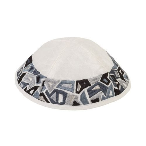 Yair Emanuel Embroidered Kippah, Black and Gray Geometric Shapes on Cream