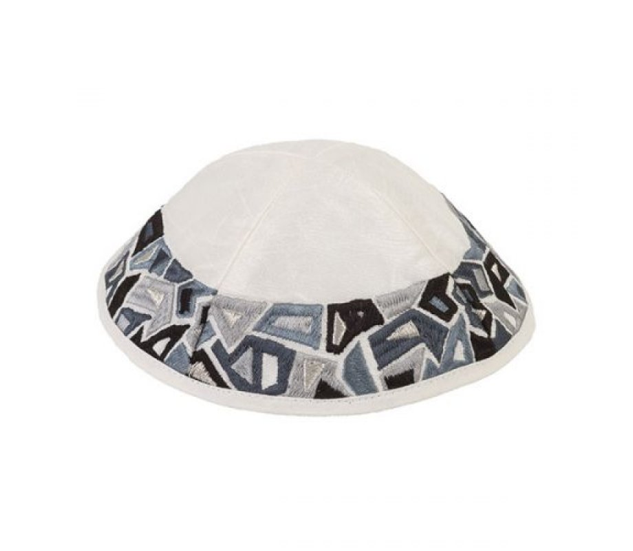 Yair Emanuel Embroidered Kippah, Black and Gray Geometric Shapes on Cream