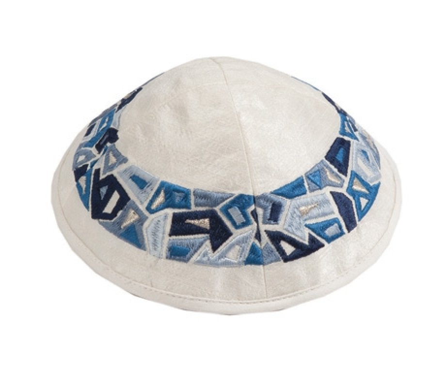 Yair Emanuel Embroidered Kippah, Blue Geometric Shapes Design on Cream
