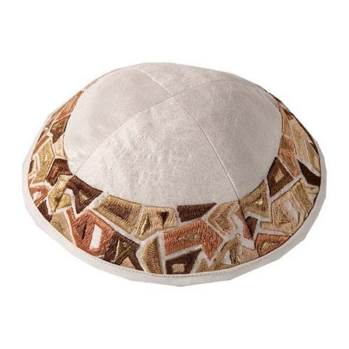 Yair Emanuel Embroidered Kippah, Gold Geometric Shapes on Cream