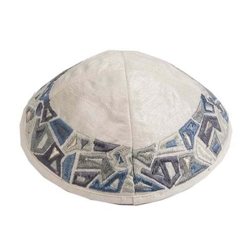 Yair Emanuel Embroidered Kippah, Gray Geometric Shapes on Cream