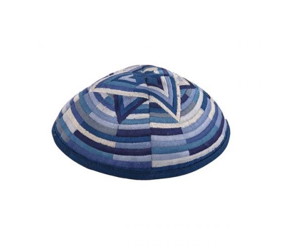 Yair Emanuel Embroidered Kippah Large Star of David and Circular Bands - Blue