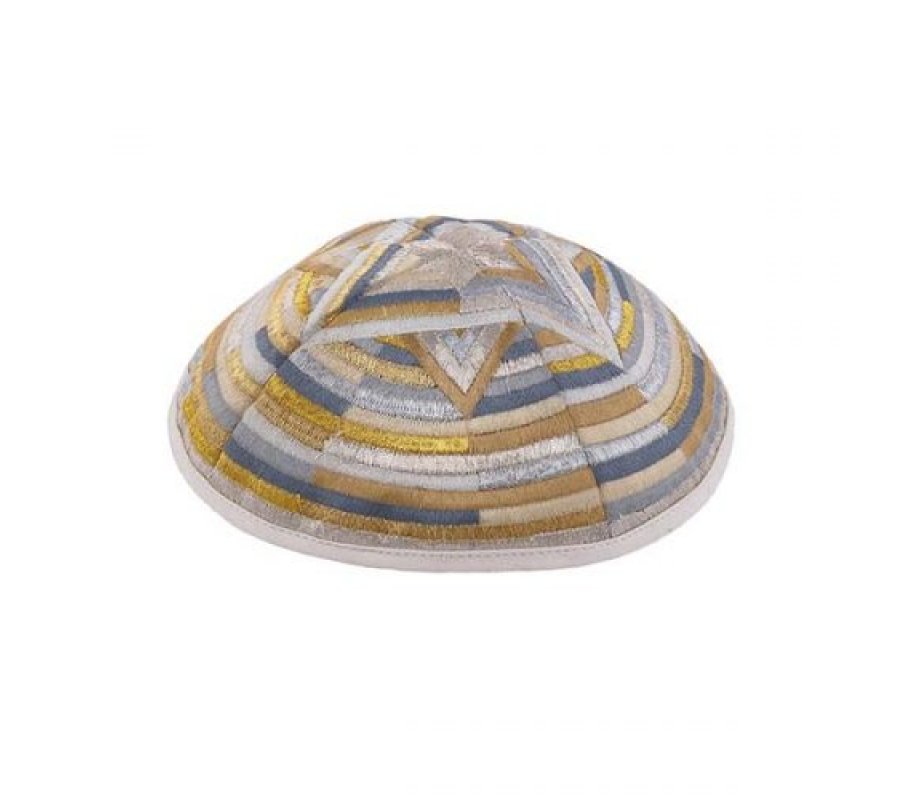 Yair Emanuel Embroidered Kippah, Large Star of David and Circular Bands - Gold