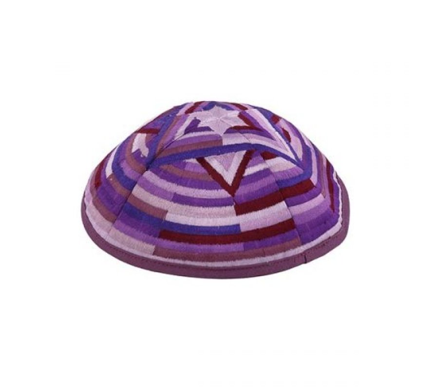 Yair Emanuel Embroidered Kippah, Large Star of David and Circular Bands - Purple