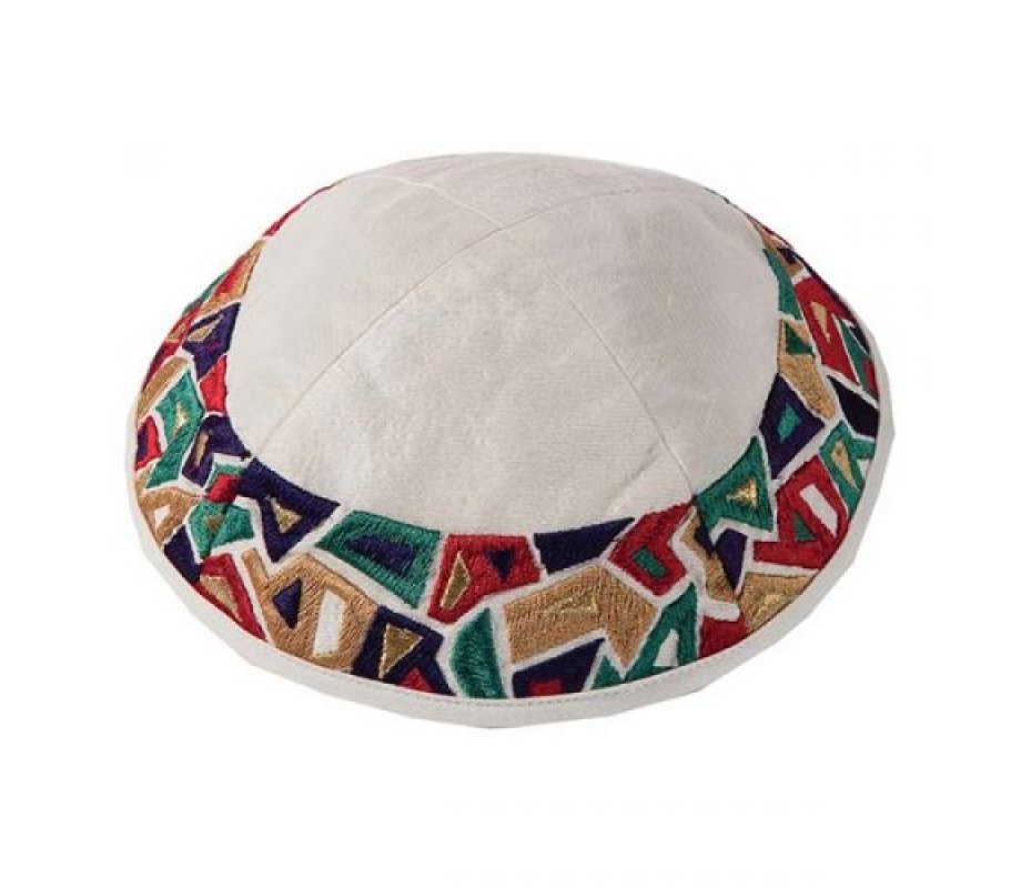 Yair Emanuel Embroidered Kippah, Multicolor Geometric Shapes on Cream