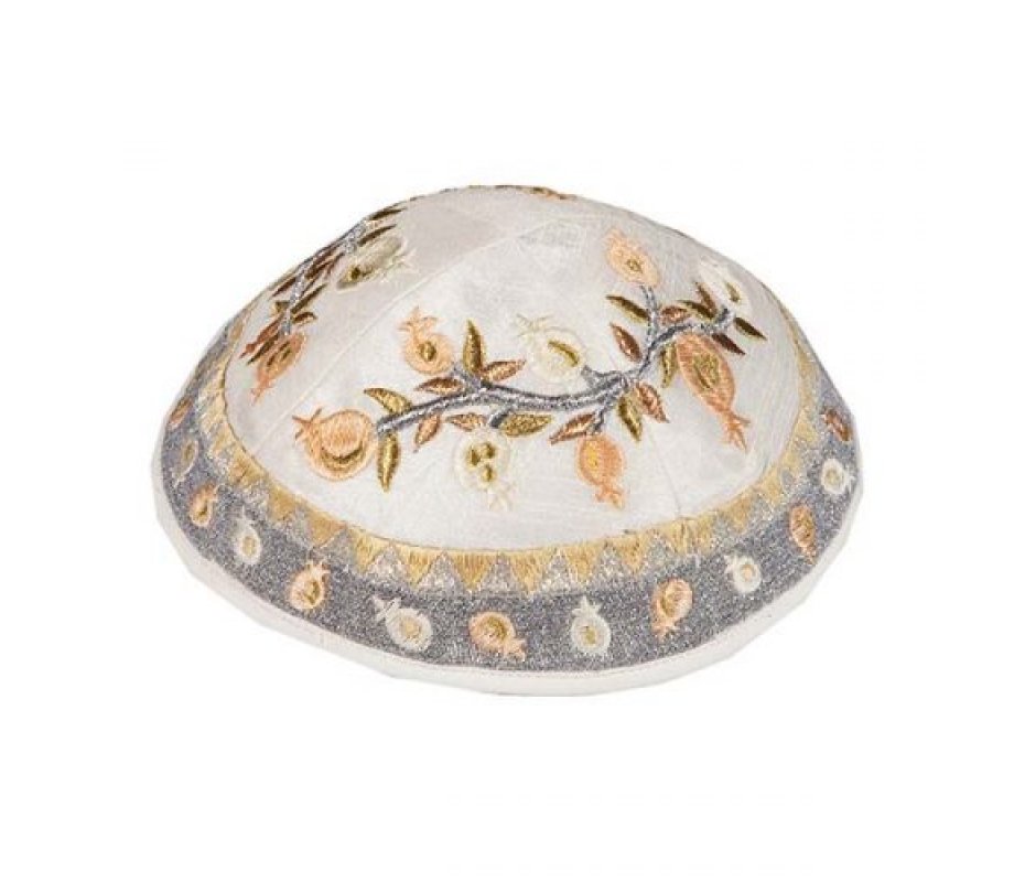 Yair Emanuel Embroidered Kippah, Pomegranate Design - Gold and Silver