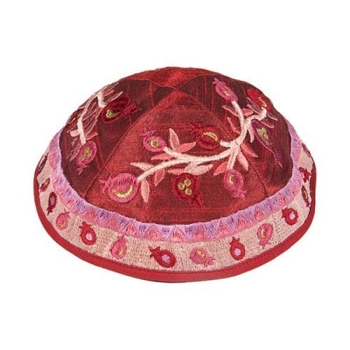 Yair Emanuel Embroidered Kippah, Pomegranate Design - Pink and Maroon