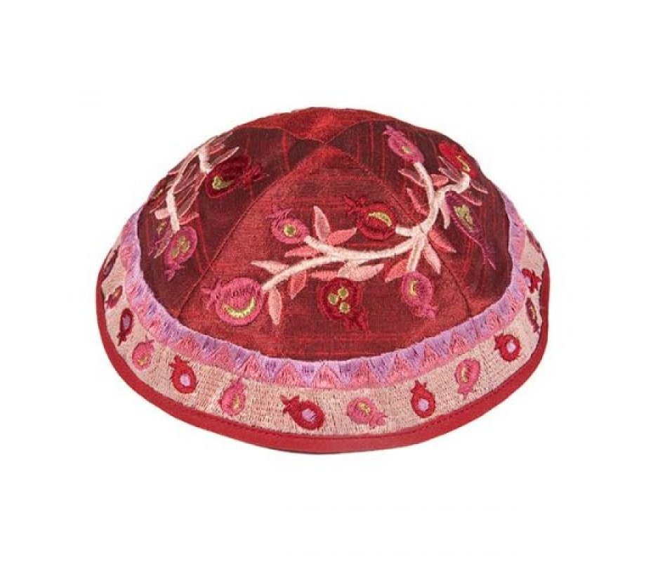 Yair Emanuel Embroidered Kippah, Pomegranate Design - Pink and Maroon