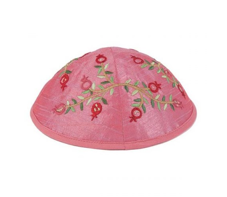 Yair Emanuel Embroidered Kippah, Red Pomegranates on Pink