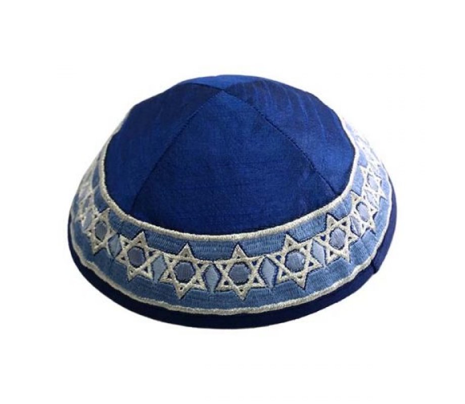 Yair Emanuel Embroidered Kippah, Stars of David - Blue