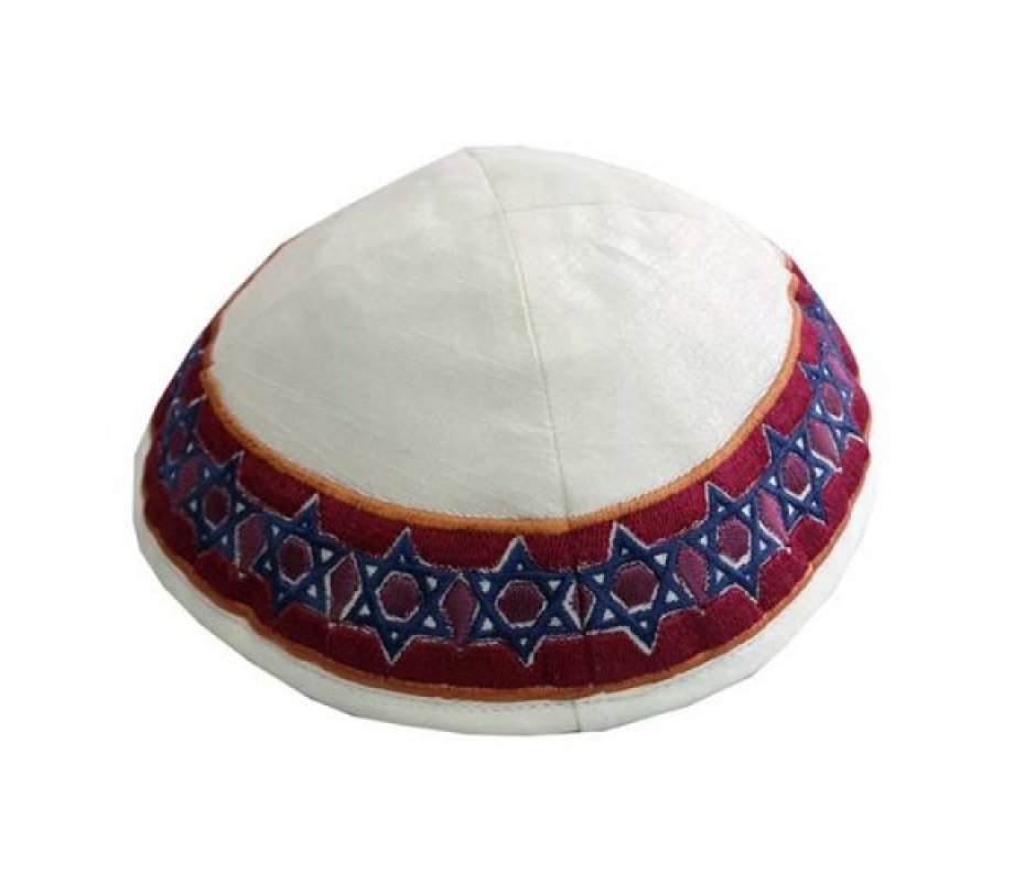 Yair Emanuel Embroidered Kippah, Stars of David - Blue and Maroon